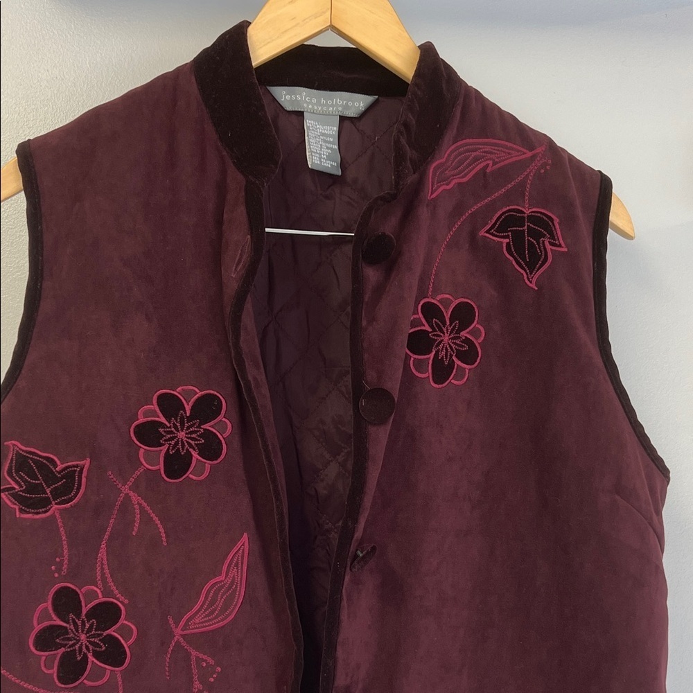 Jessica McClintock Maroon Floral Embroidered Crushed Velvet Vest Sz M